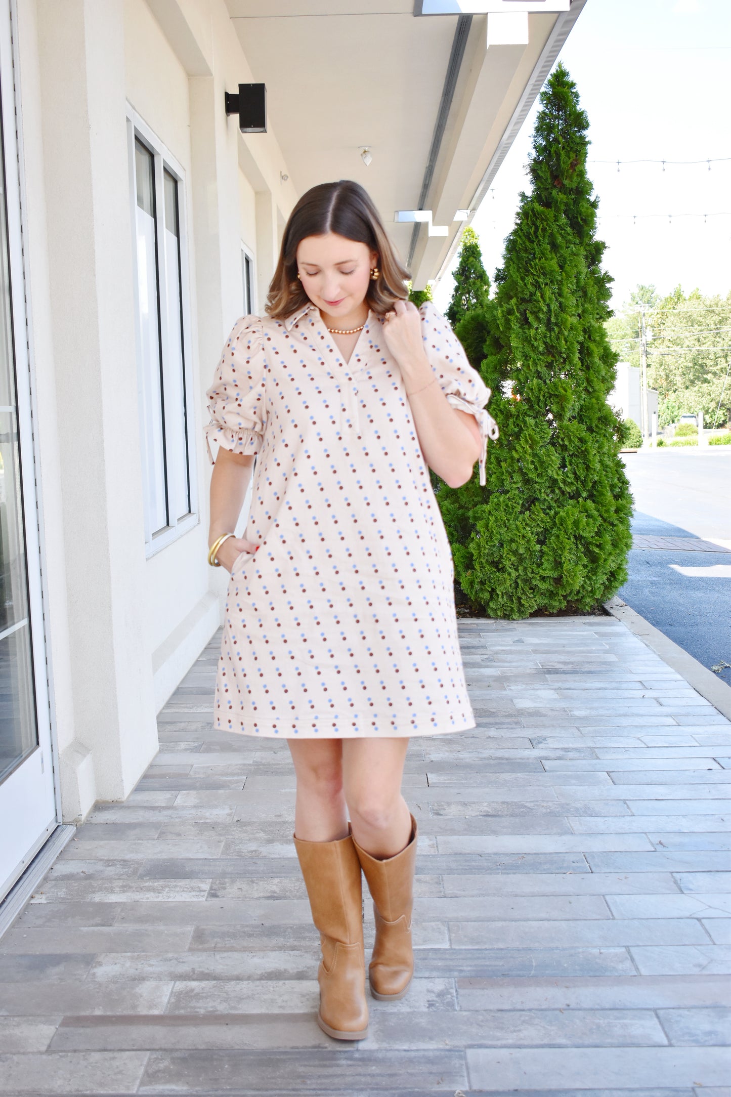 Ecru Denim Brown & Blue Polka Dot Dress