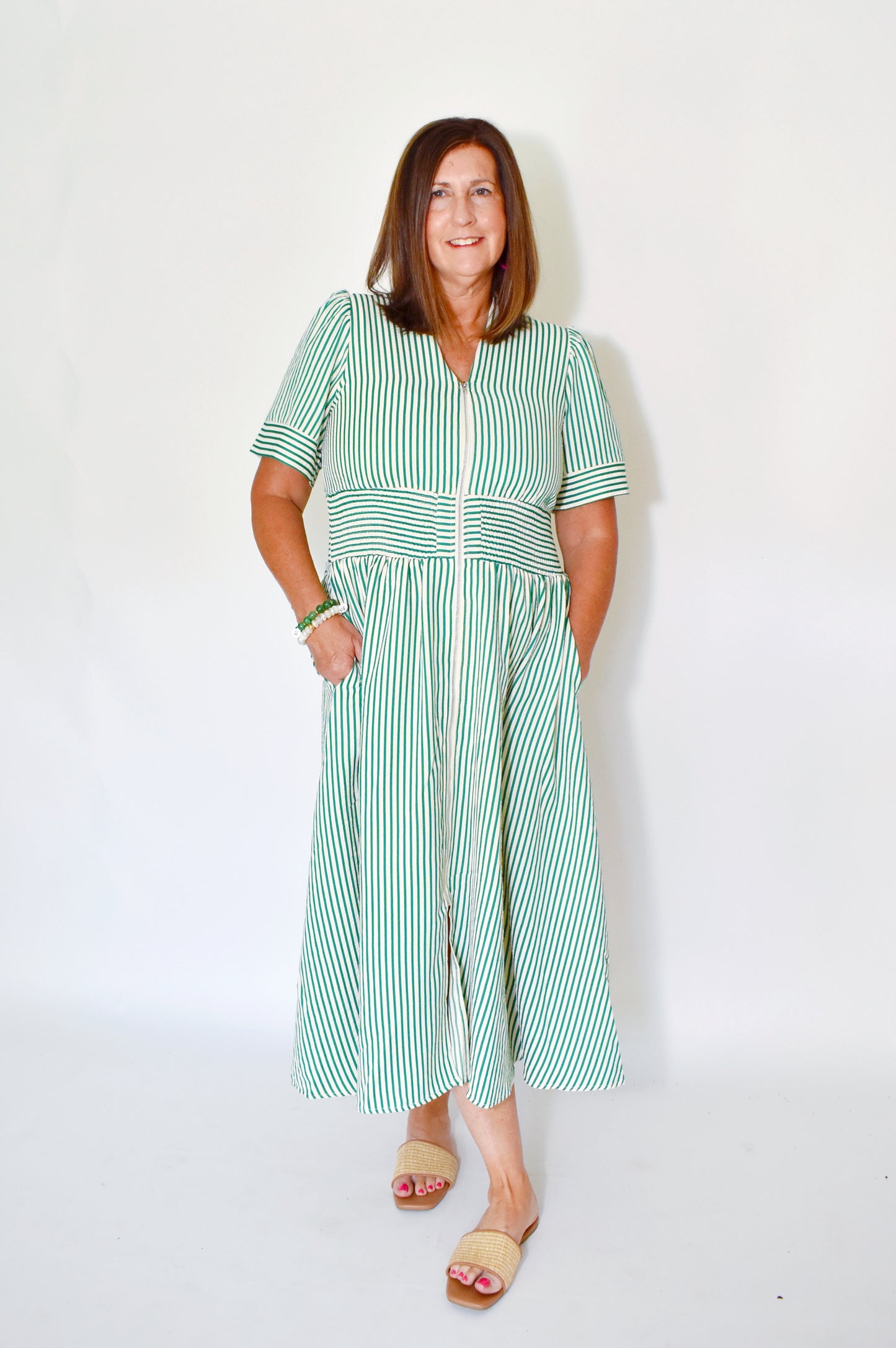 Kelly Green Striped Zip Up Dress