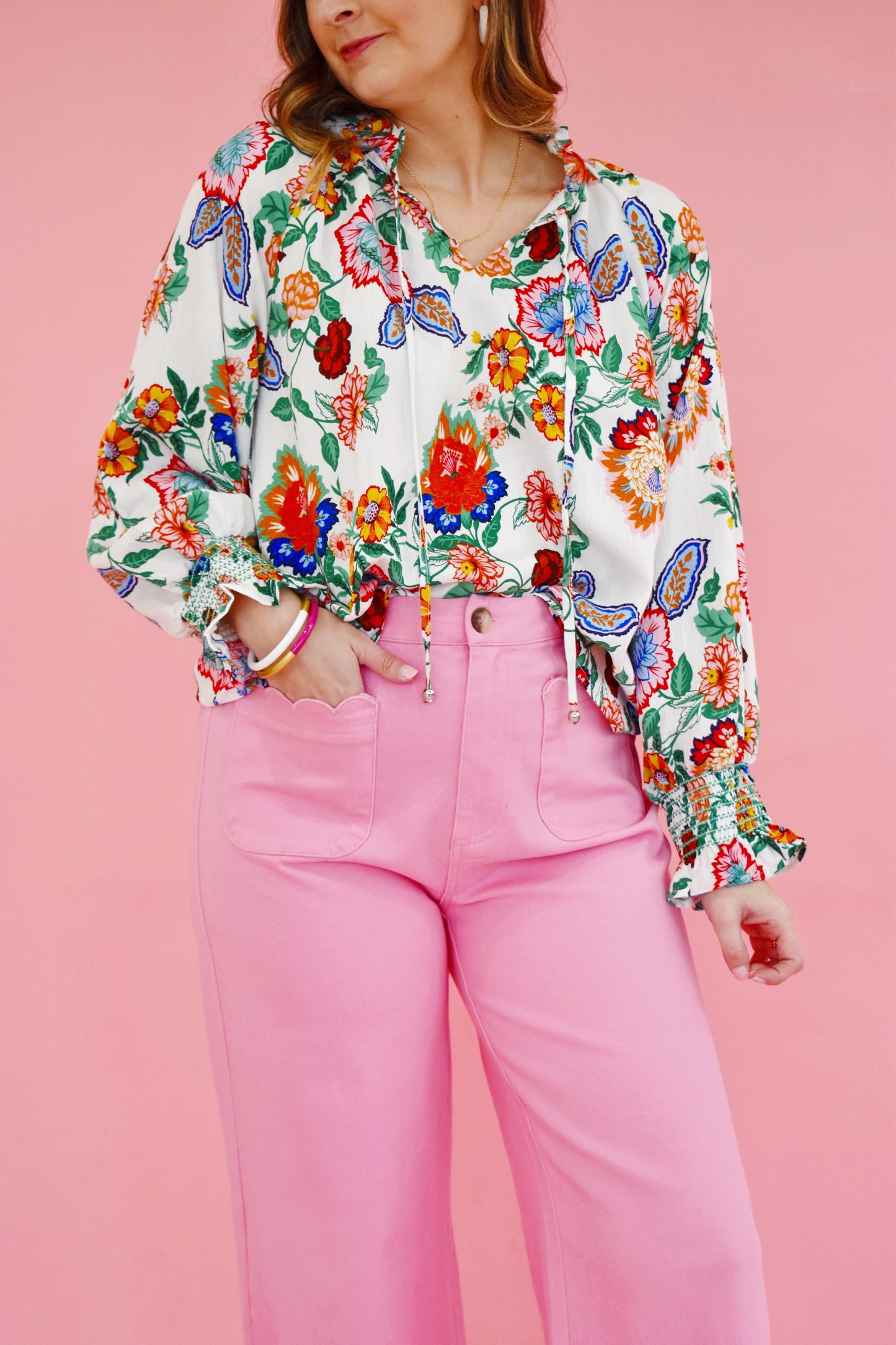 Ivory Bold Colored Floral Long Sleeve Blouse