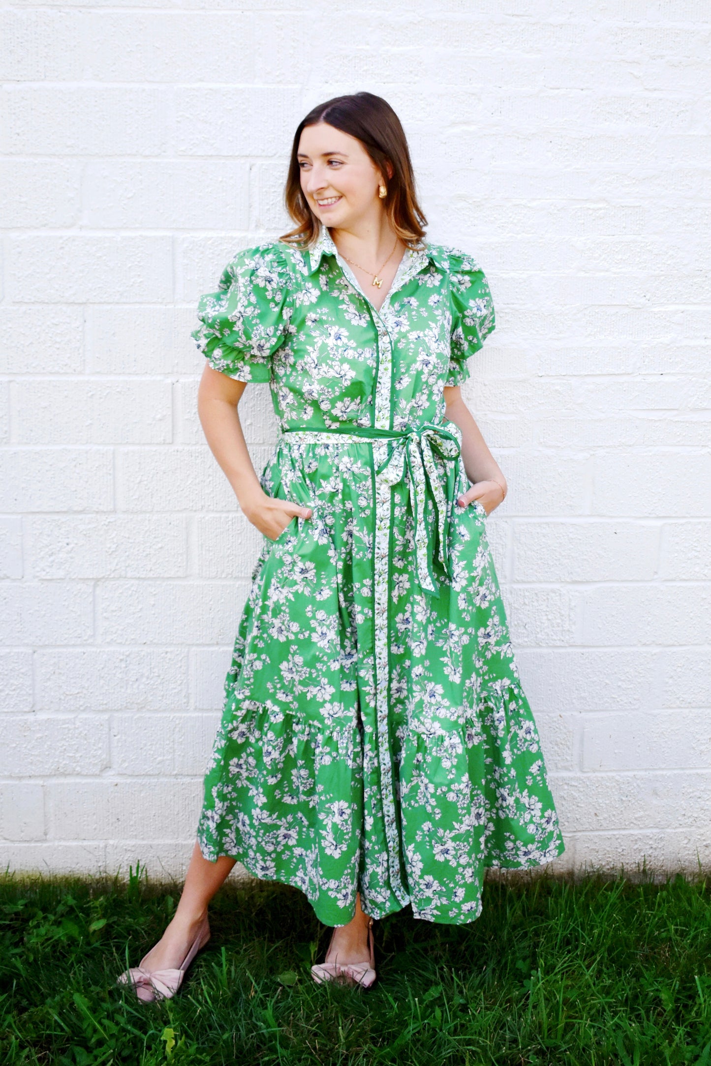 Olive Green Floral Tie Waist Midi Dress