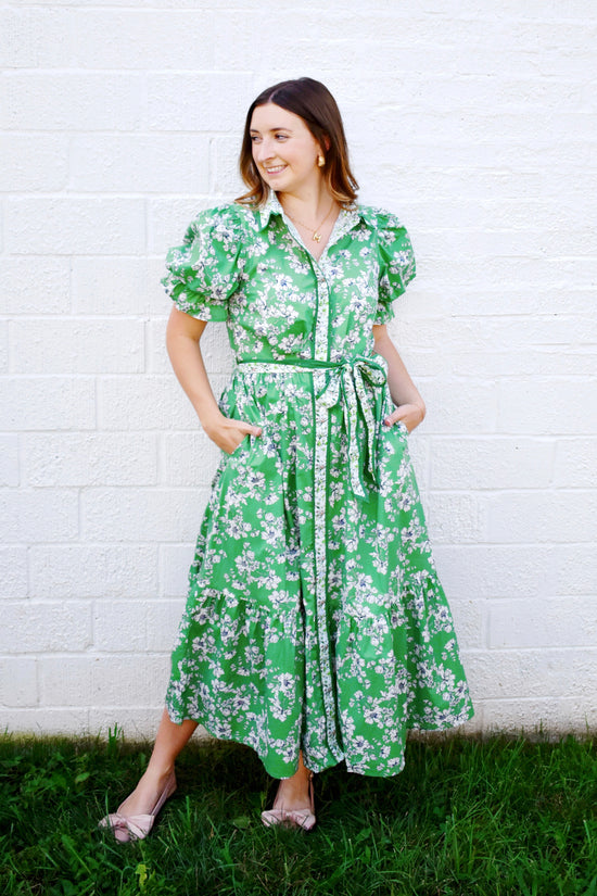 Olive Green Floral Tie Waist Midi Dress