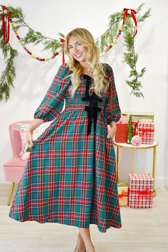 Tied With A Bow Green Plaid Midi Dress