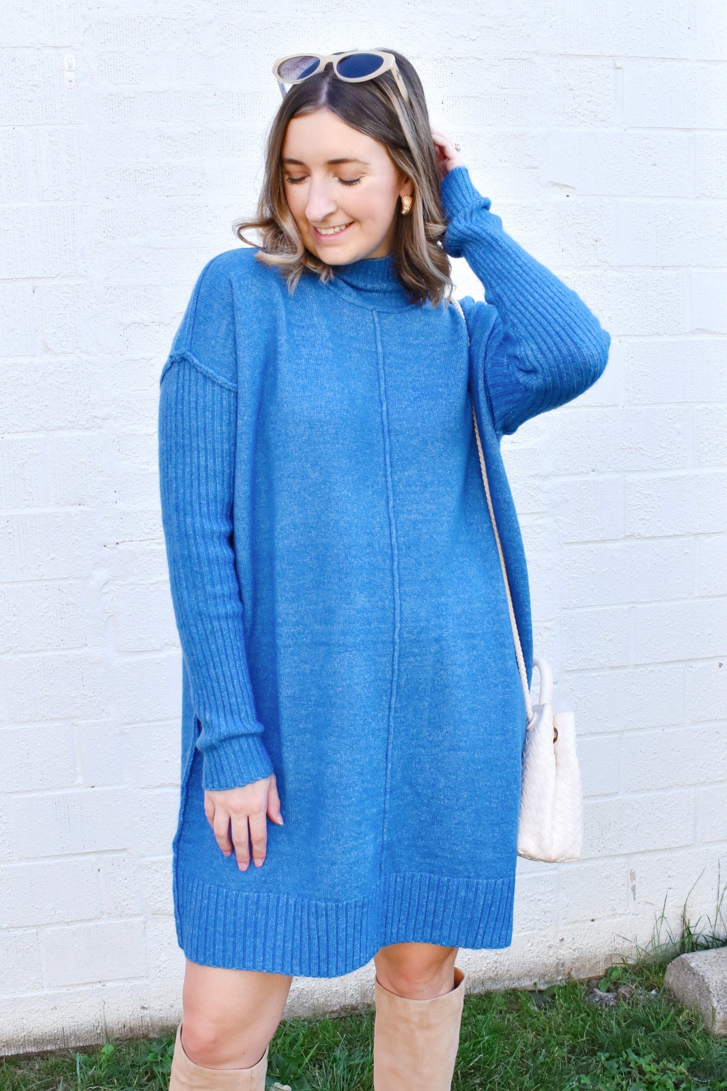 Blue Knit Turtleneck Sweater Dress