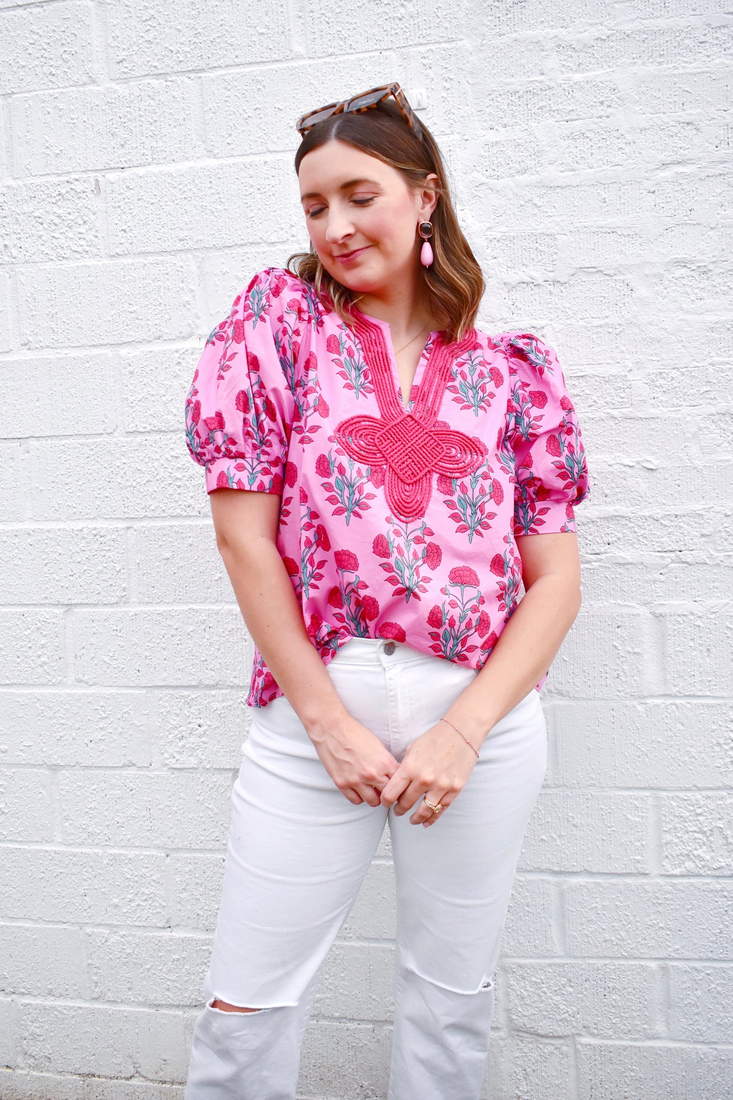 Pink Botanical Collar Detail Blouse