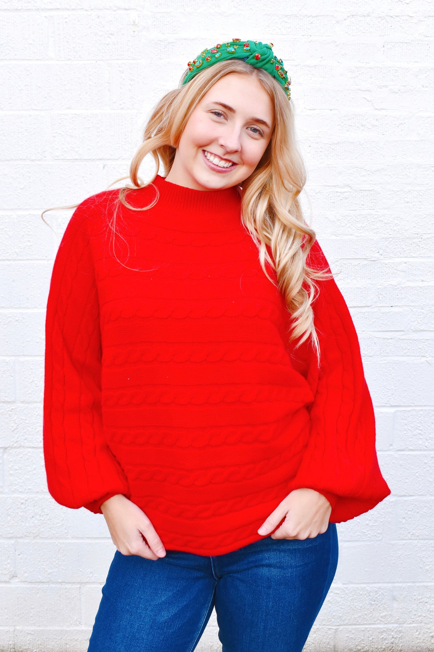 Red Cable Knit Mock Neck Sweater