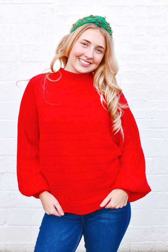 Red Cable Knit Mock Neck Sweater