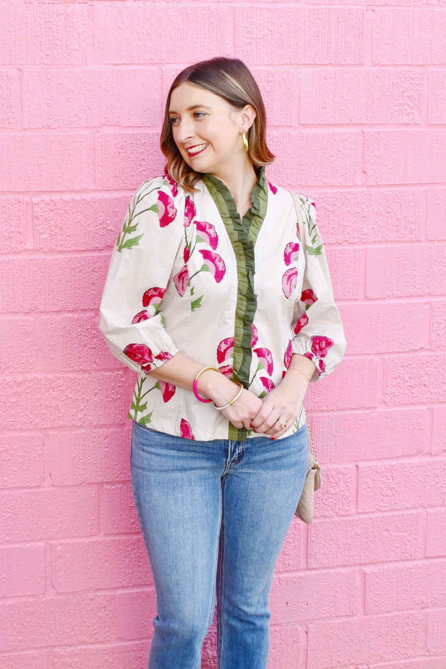 Botanical Pink & Green Ruffle Detail Blouse