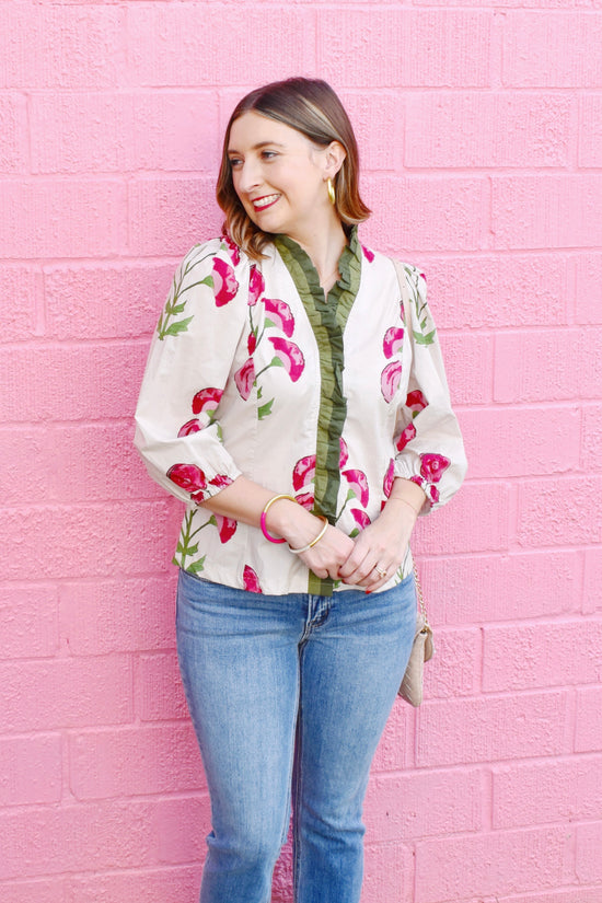 Botanical Pink & Green Ruffle Detail Blouse
