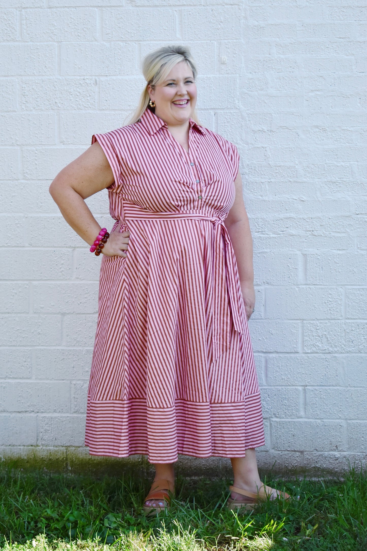 Plus Pink & Camel Striped Collared Tie Waist Dress
