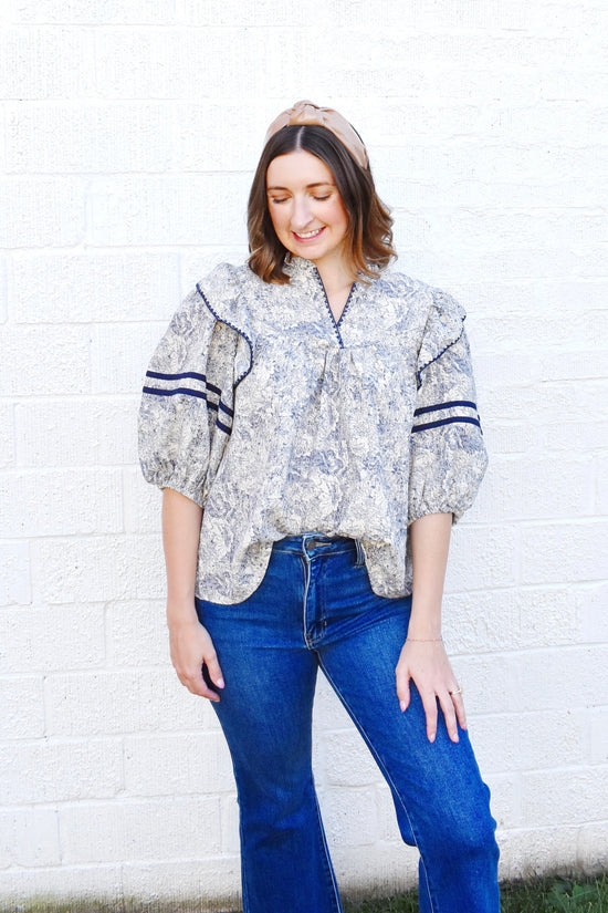 Navy Toile Blanket Stitch Detail Blouse