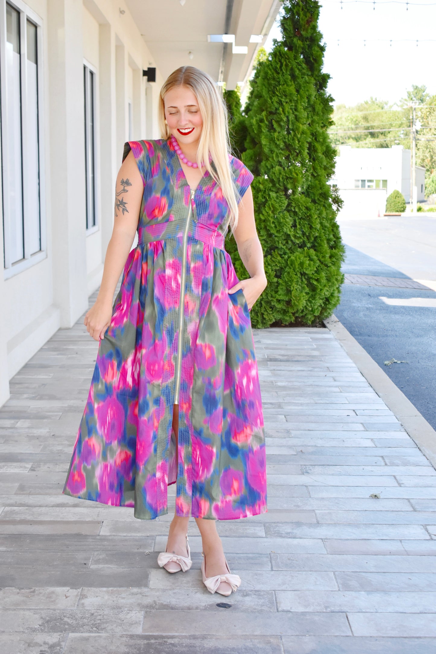 Magenta Watercolor Zip Midi Dress