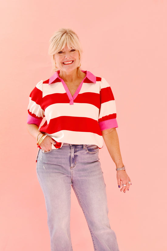 Pink & Red Collared Striped Top