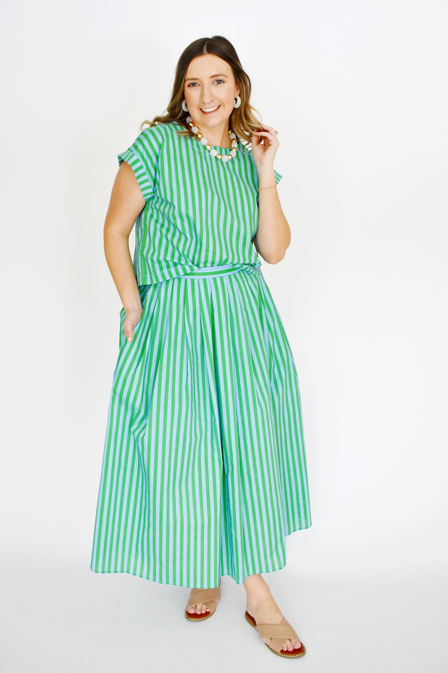 Green Sky Striped Midi Skirt