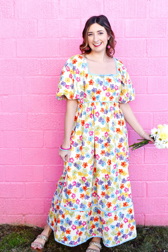 Colorful Floral Blue Trim Midi Dress