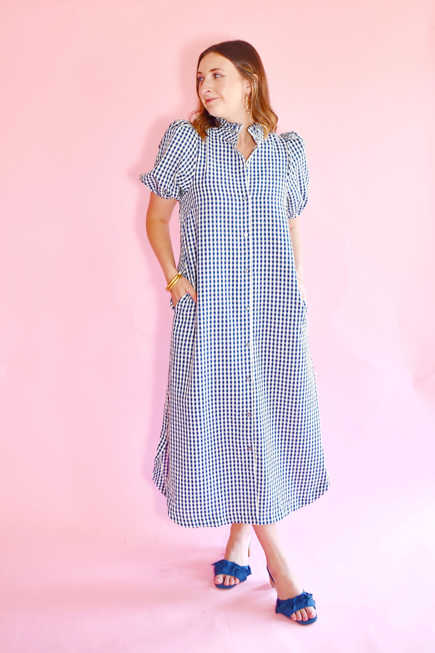 Navy Gingham Button Down Midi Dress