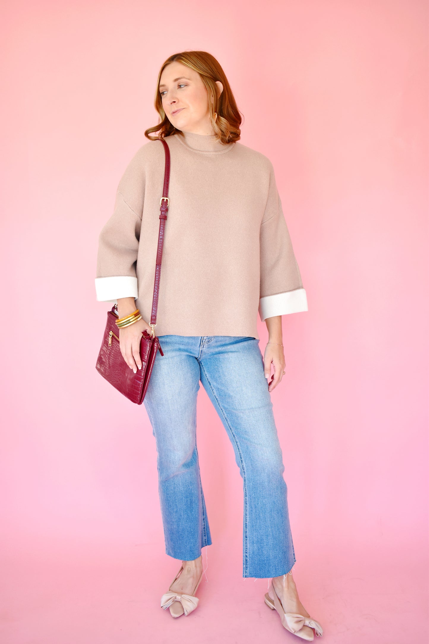 Taupe Contrast Cuff Mock Neck Sweater