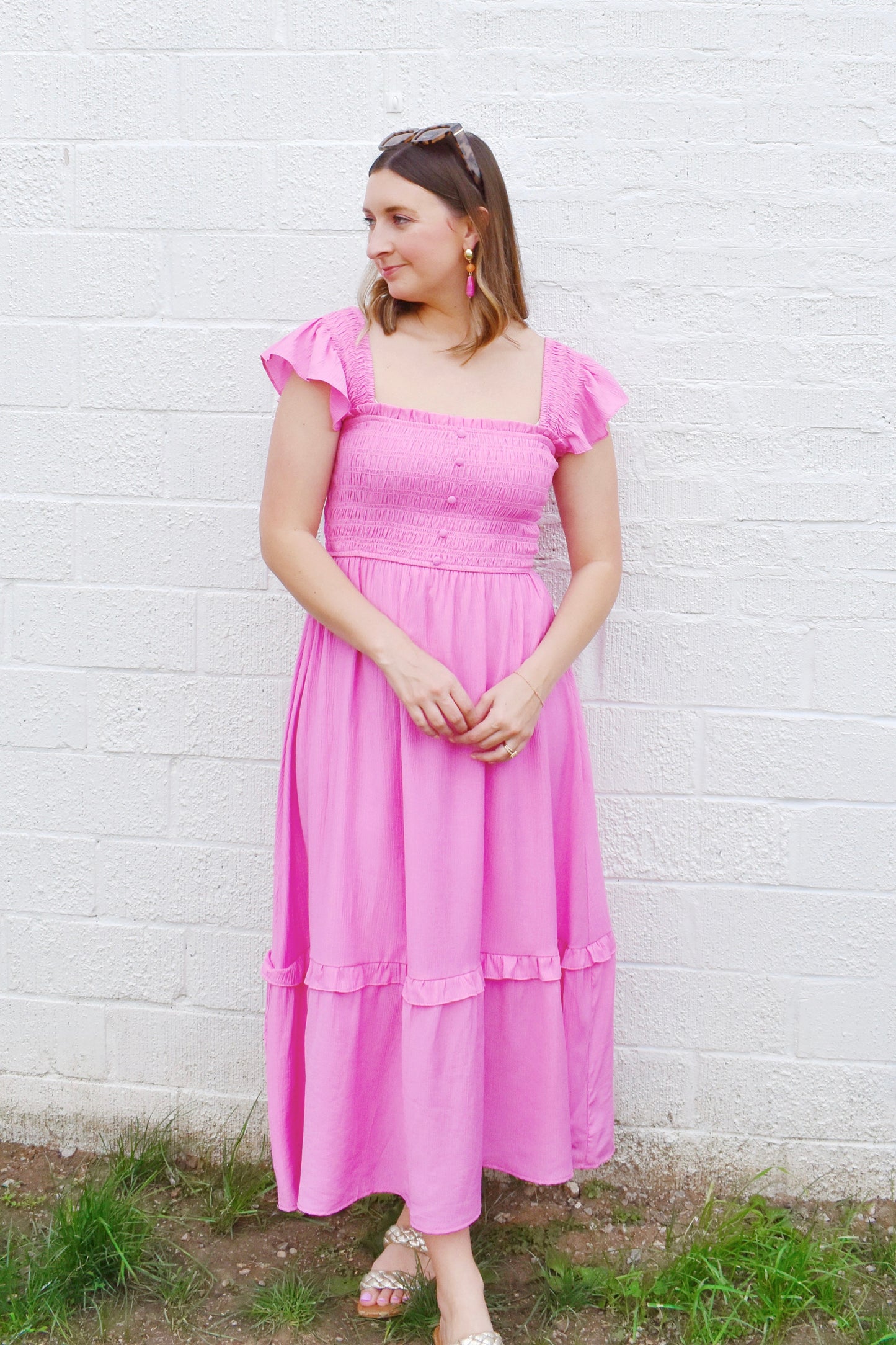 Bubblegum Smocked Button Detail Midi Dress