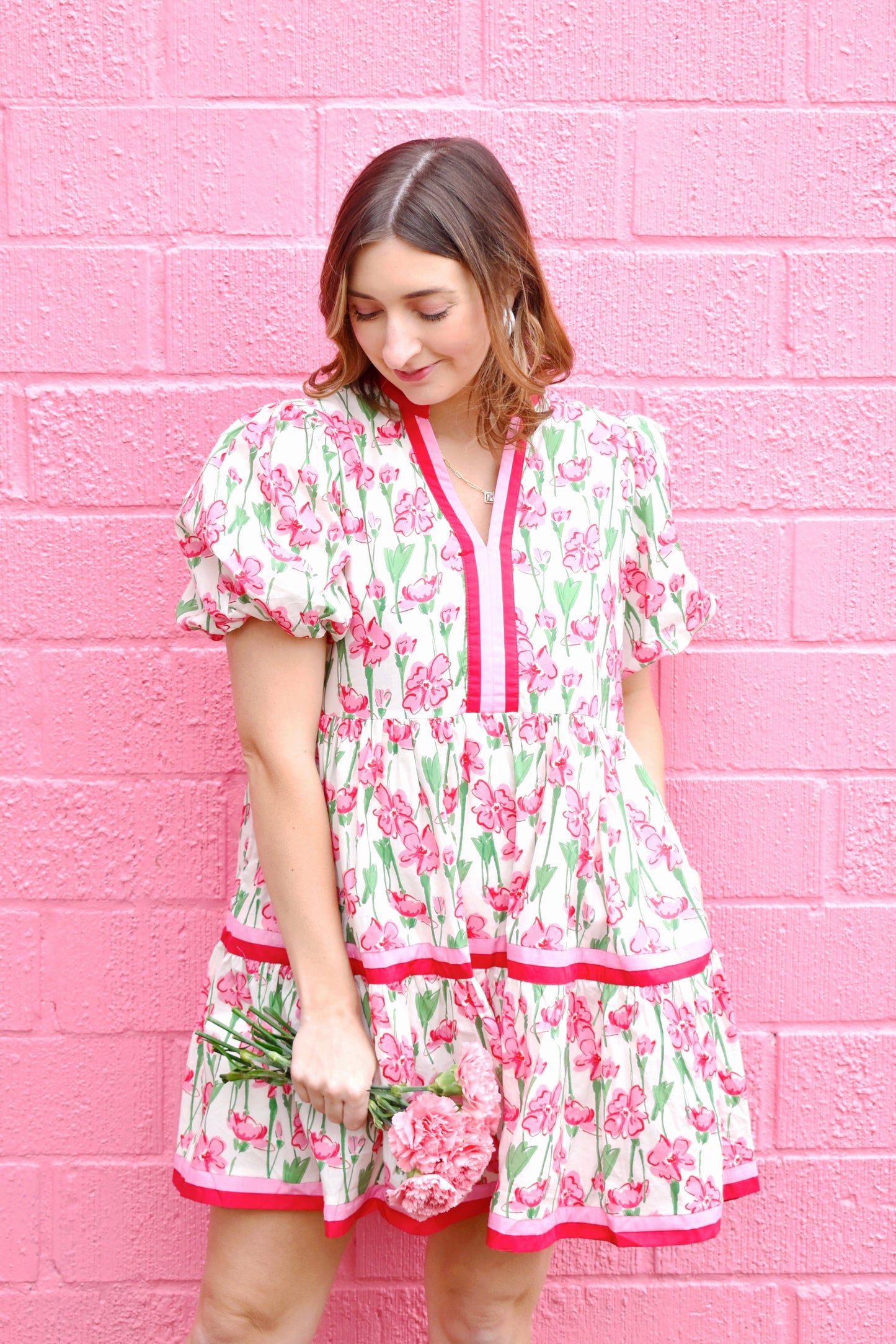 Pink & Red Trim Floral Puff Sleeve Dress