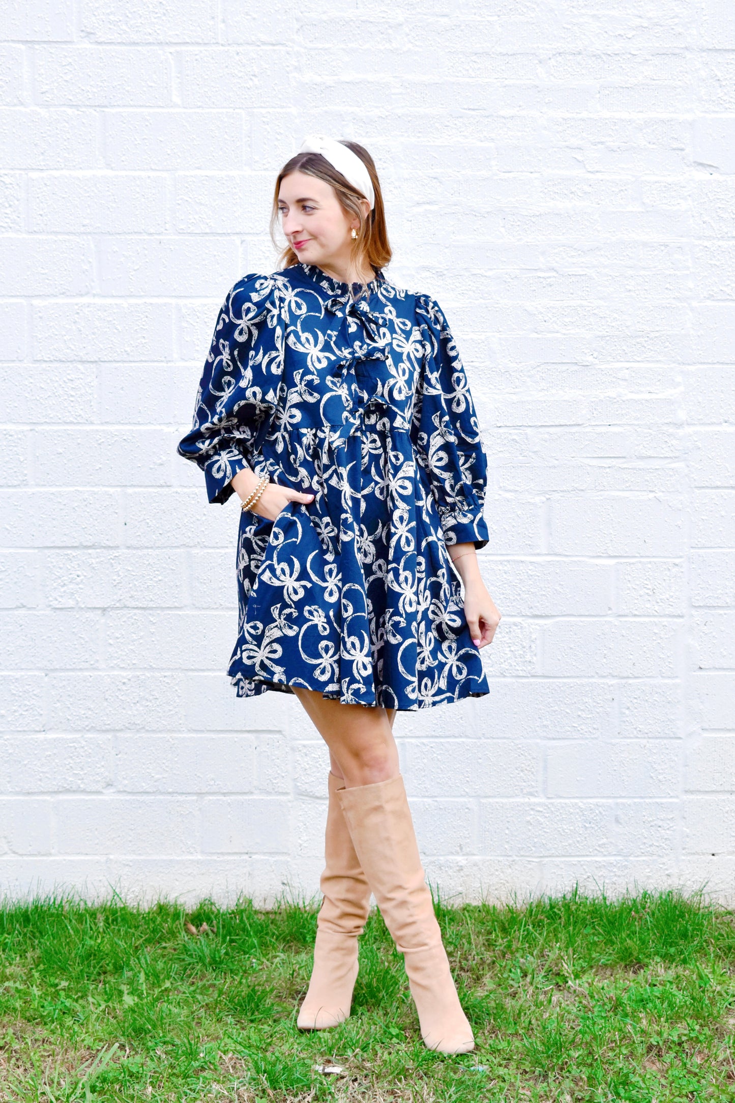 Navy Bow Printed Babydoll Dress Confetti Boutique Navy Bow Printed Babydoll Dress Confetti Boutique