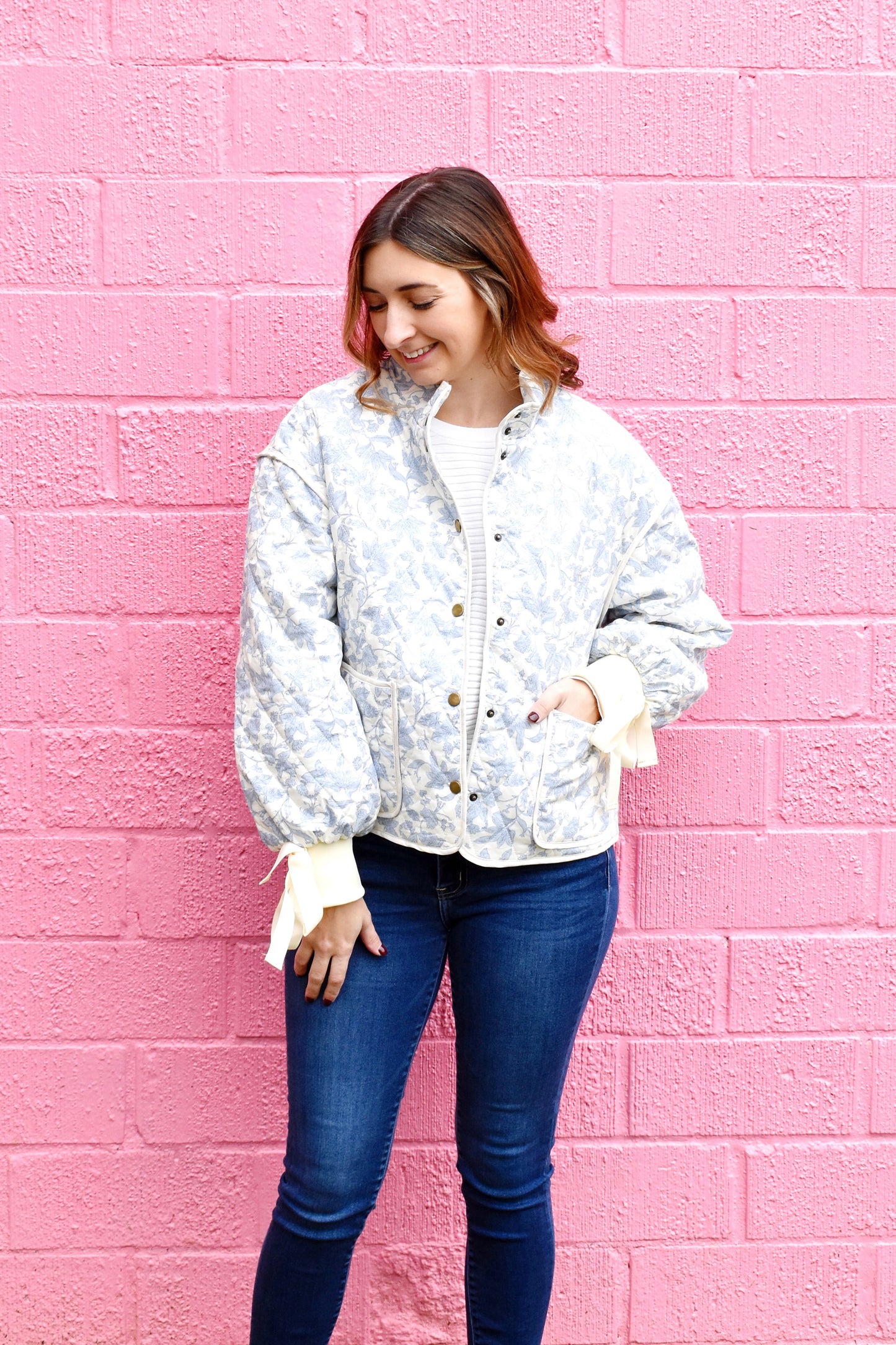 Blue Floral Bow Sleeve Quilted Jacket