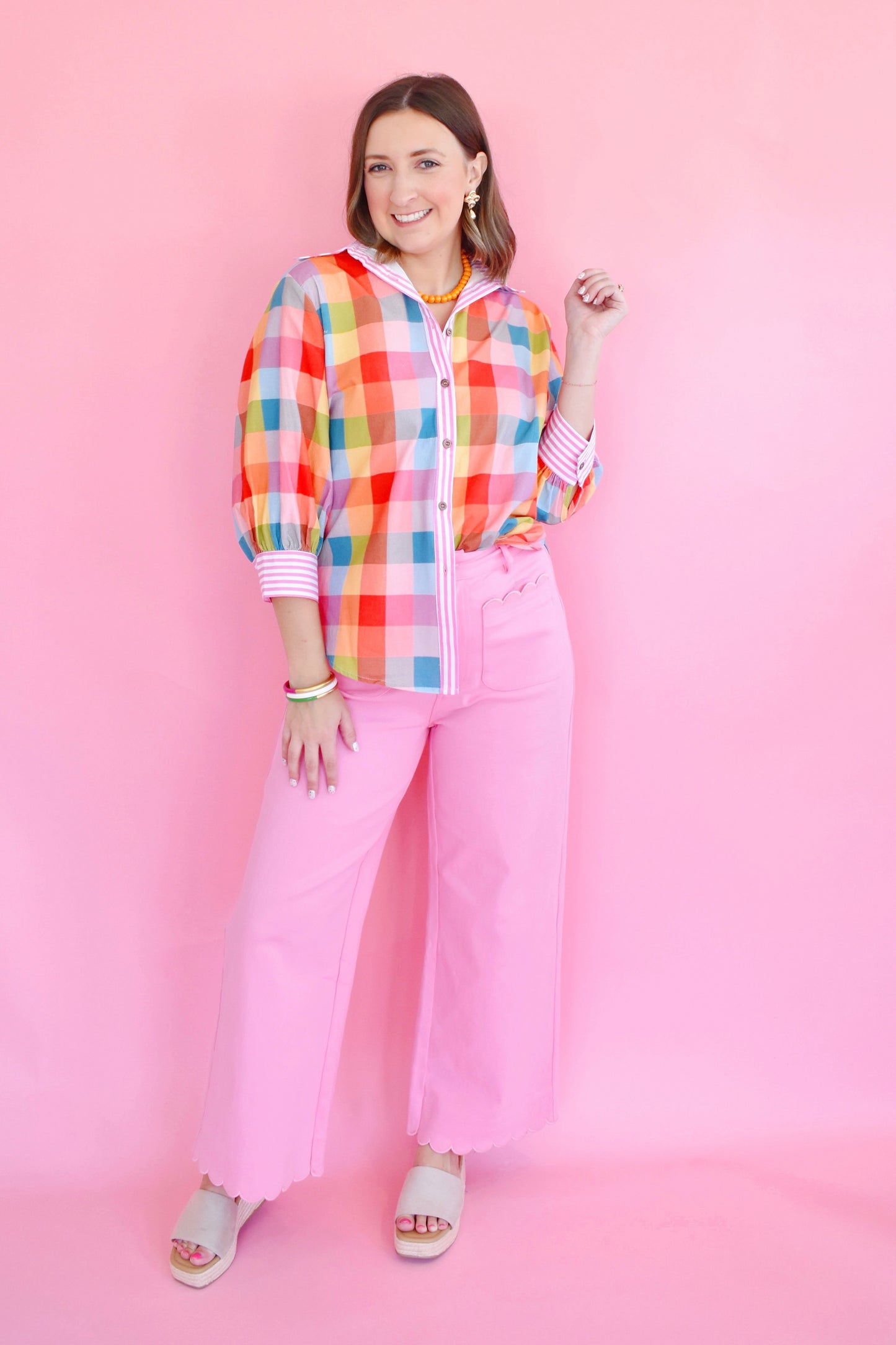 Vivid Multi Gingham Button Down Top
