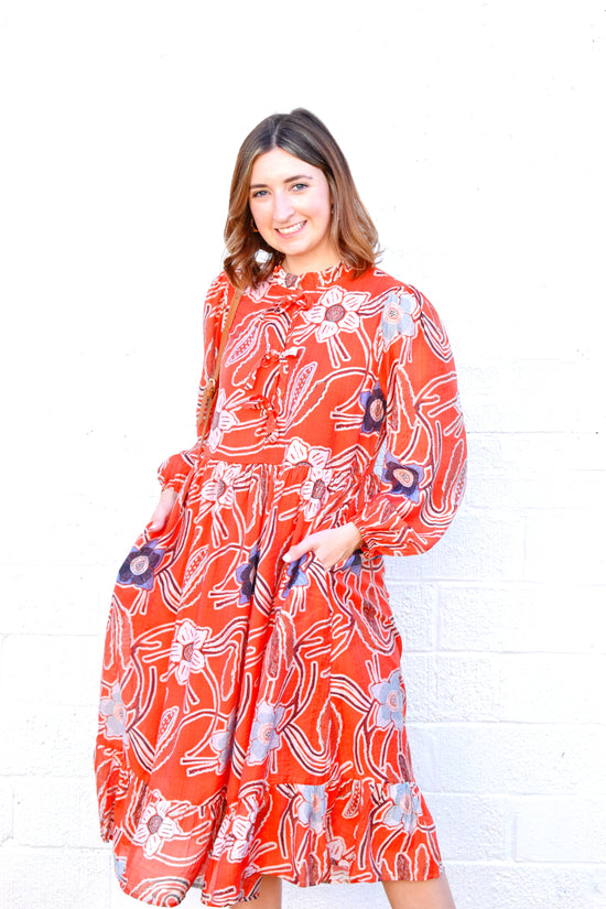 Autumn Orange Floral Midi Dress