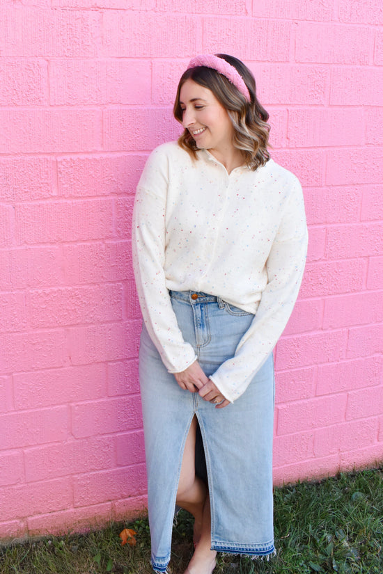 Confetti Speckled Ivory Button Down Cardigan