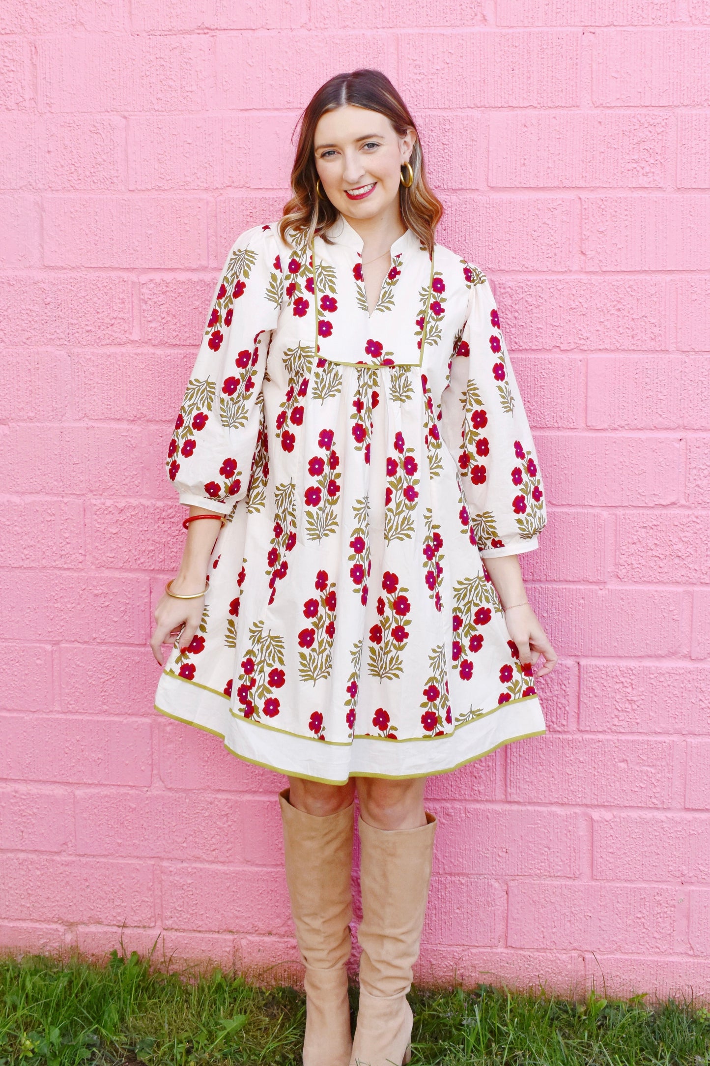 Jan Ecru Red Floral Babydoll Dress