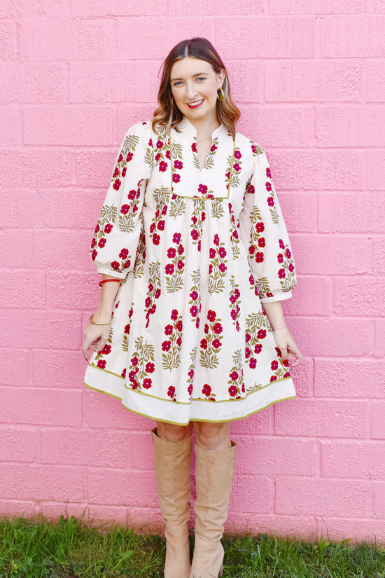 Jan Ecru Red Floral Babydoll Dress
