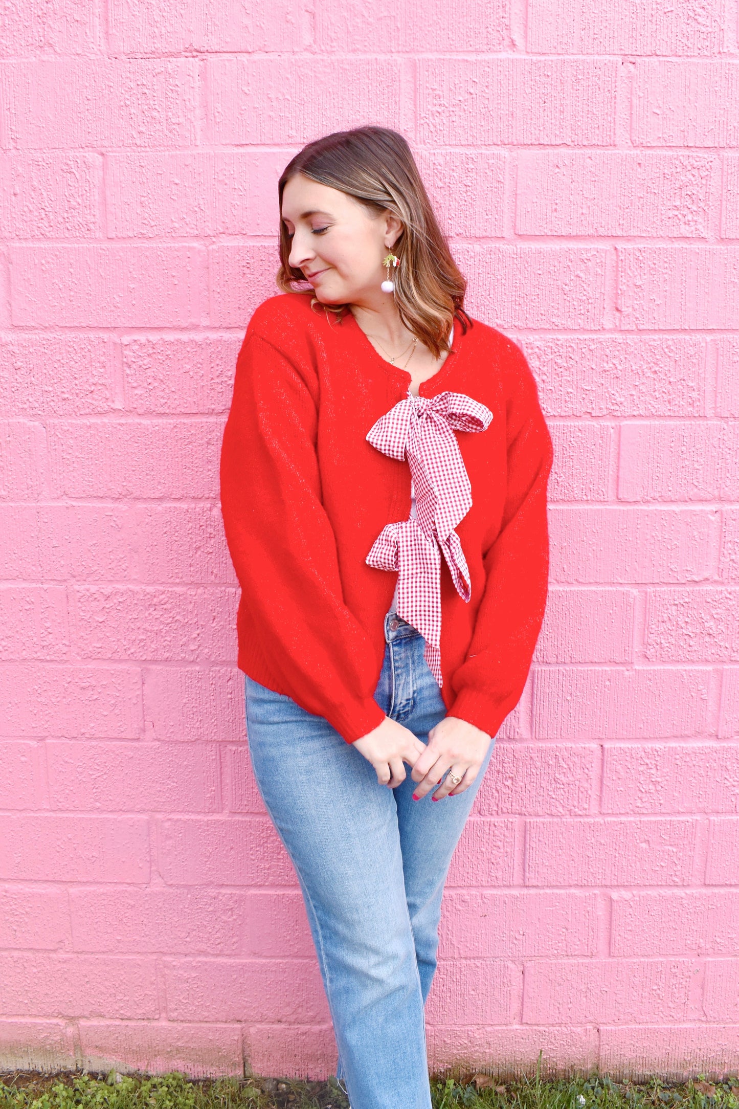 Red Gingham Bow Cardigan Sweater