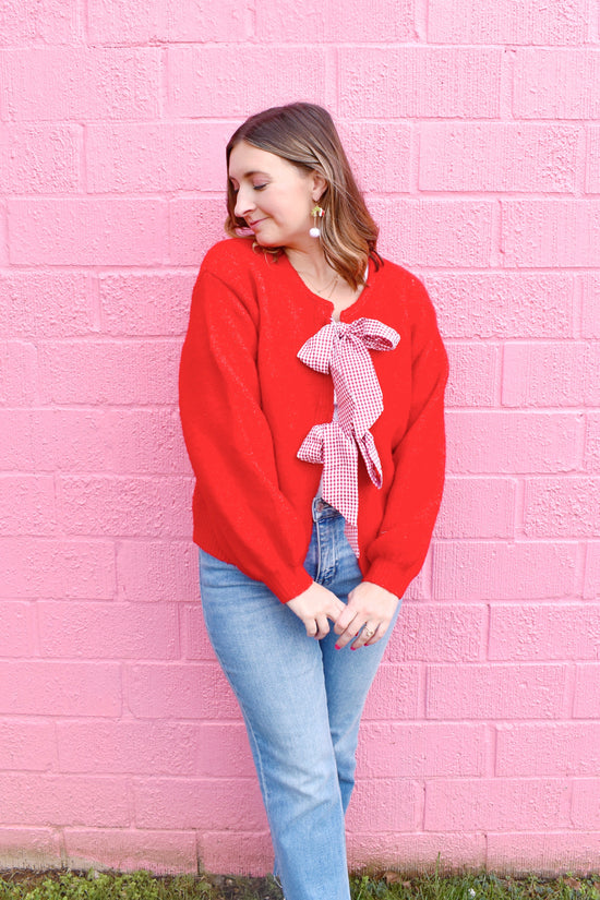Red Gingham Bow Cardigan Sweater