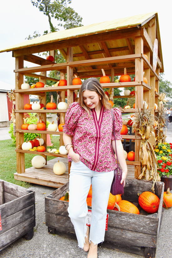 Wine Floral Contrast Trim Blouse
