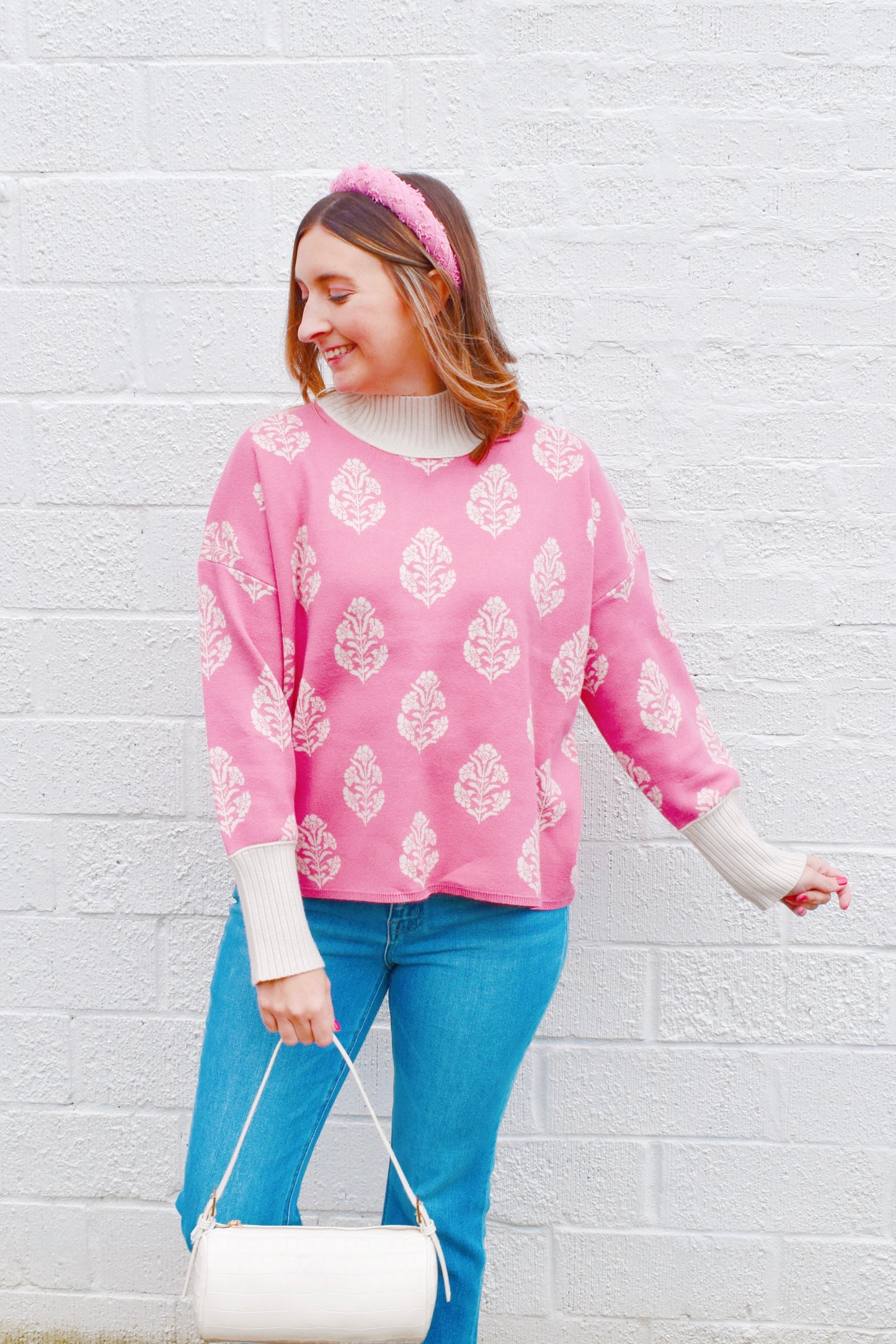 Pink Botanical Printed Mock Neck Sweater