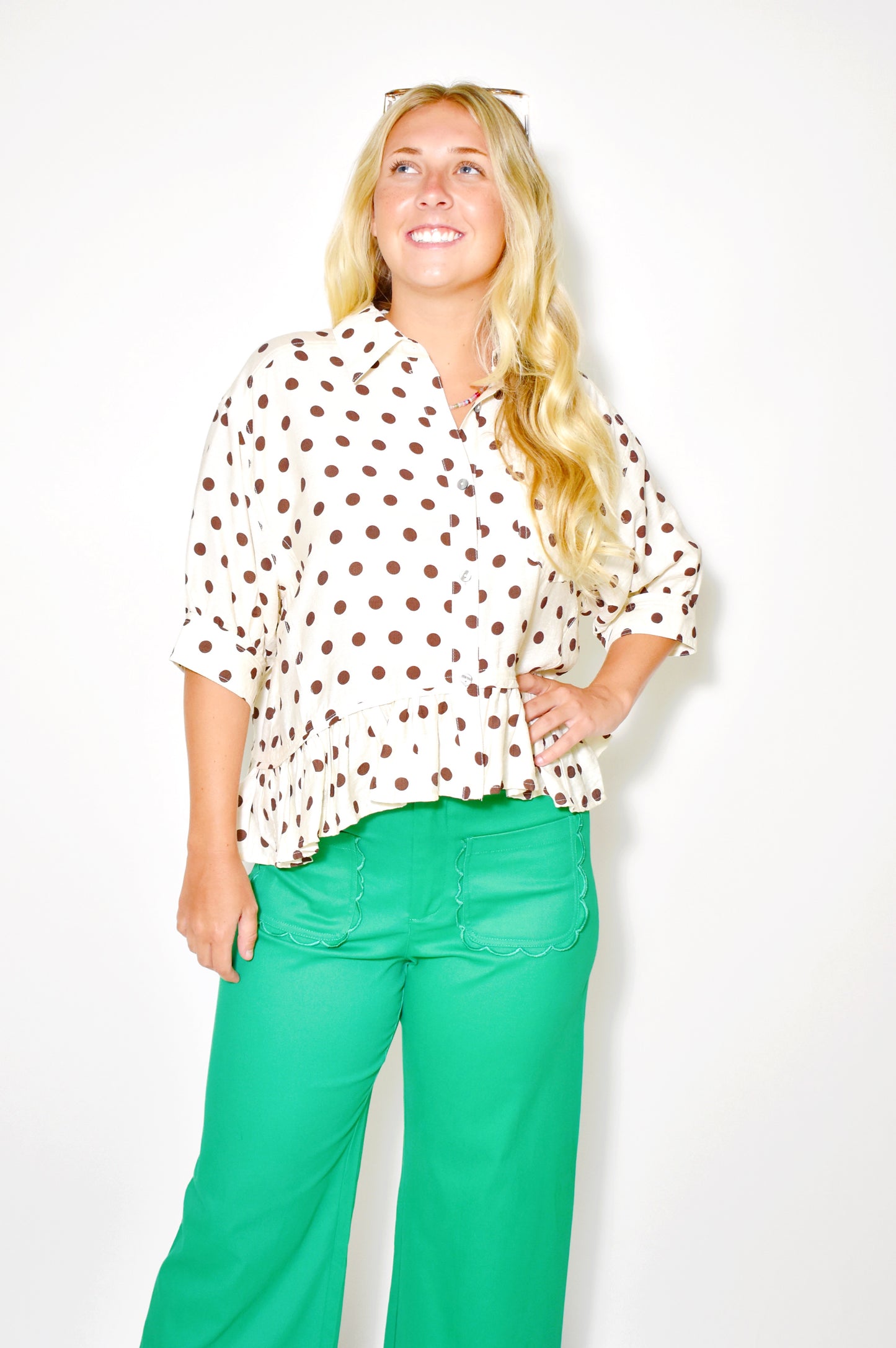 Cream Mocha Polka Dot Ruffle Hem Button Down Top
