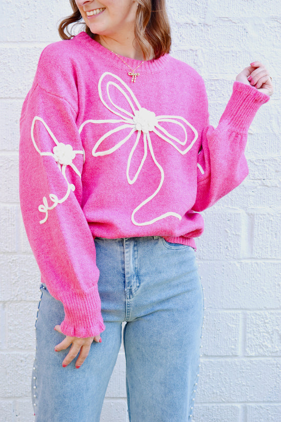 Pink Knitted Bow Applique Sweater