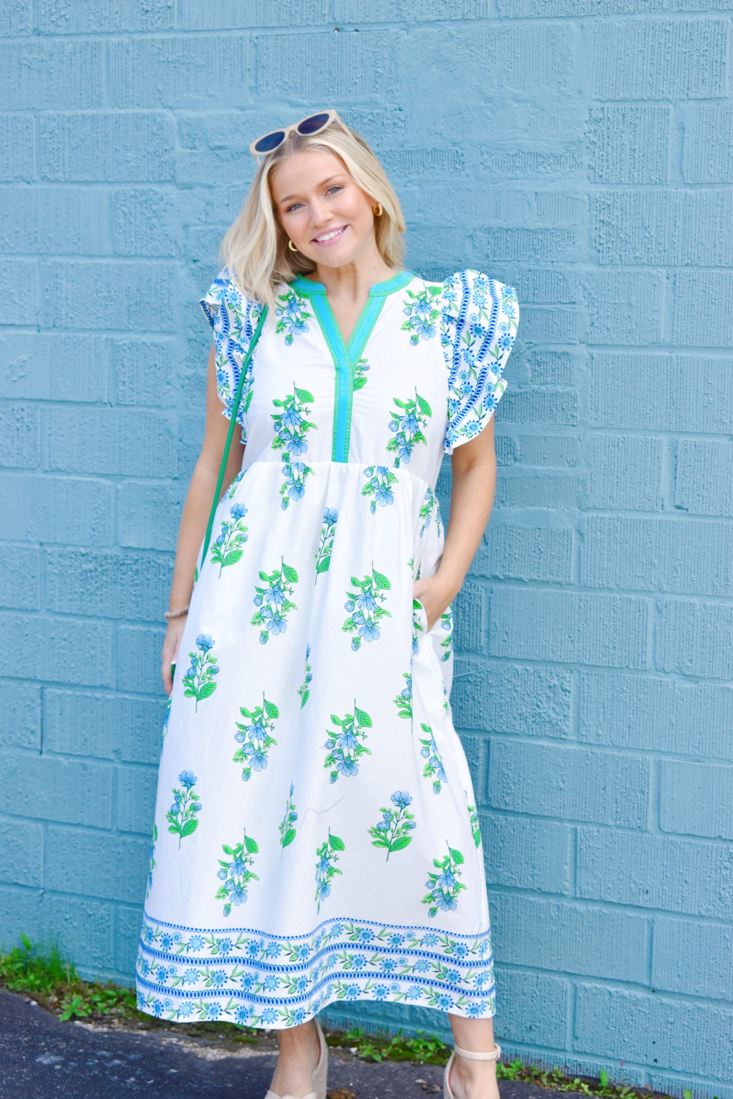 Preppy White Poplin Blue & Green Floral Midi Dress Confetti Boutique Preppy White Poplin Blue & Green Floral Midi Dress Confetti Boutique