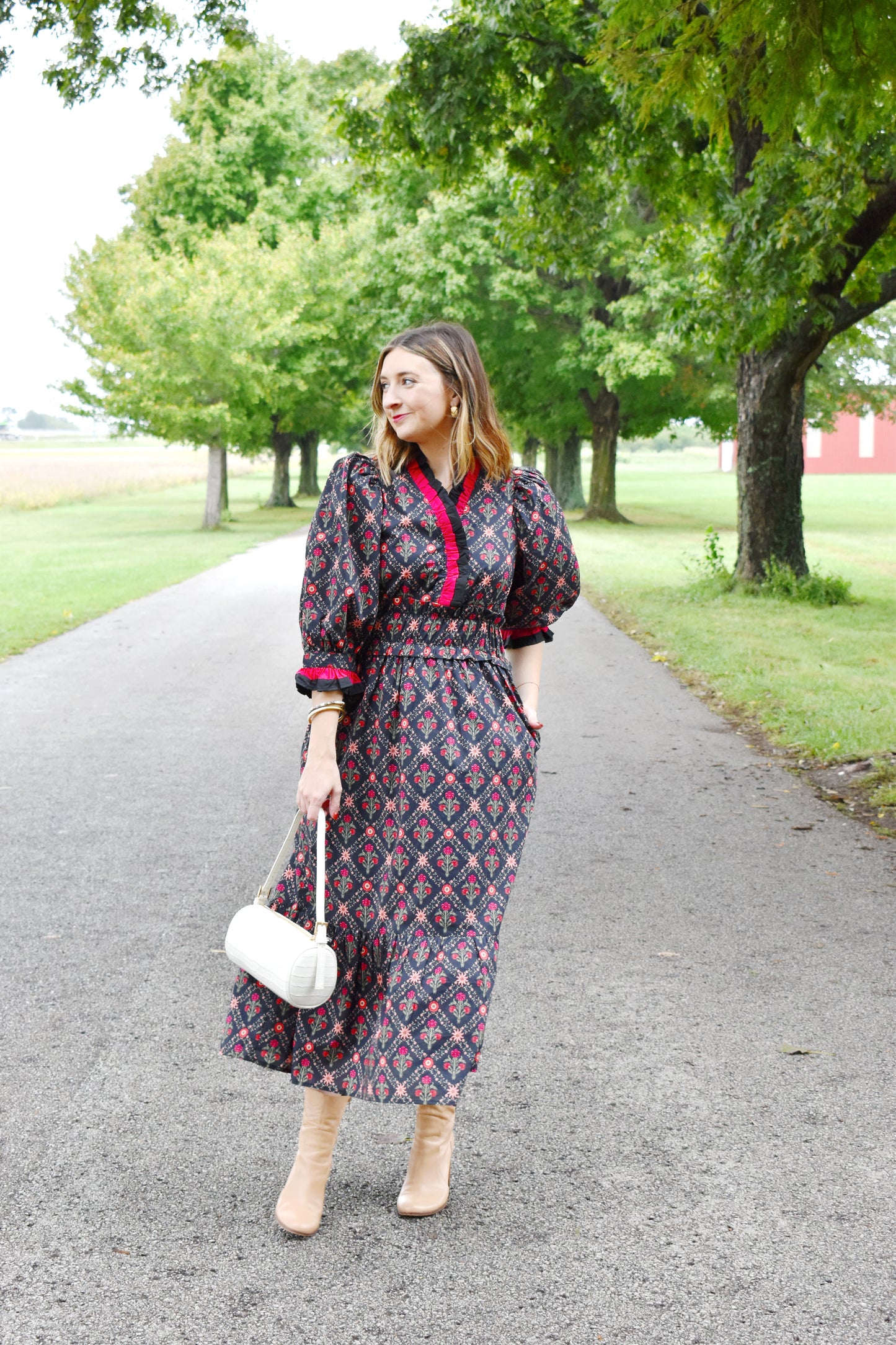 Black Floral Ruffle Neckline Midi Dress