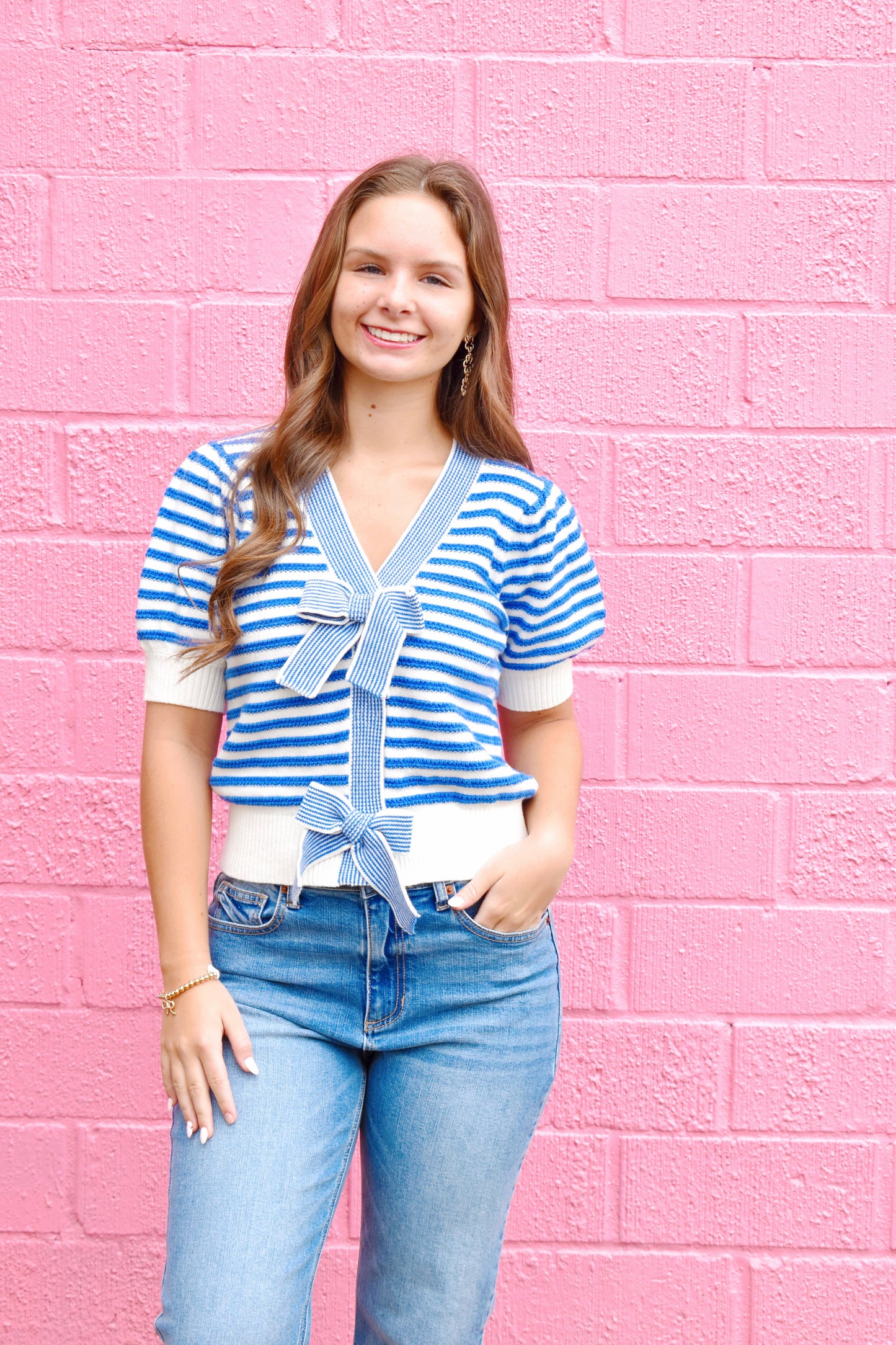 Blue Stripe Bow Sweater