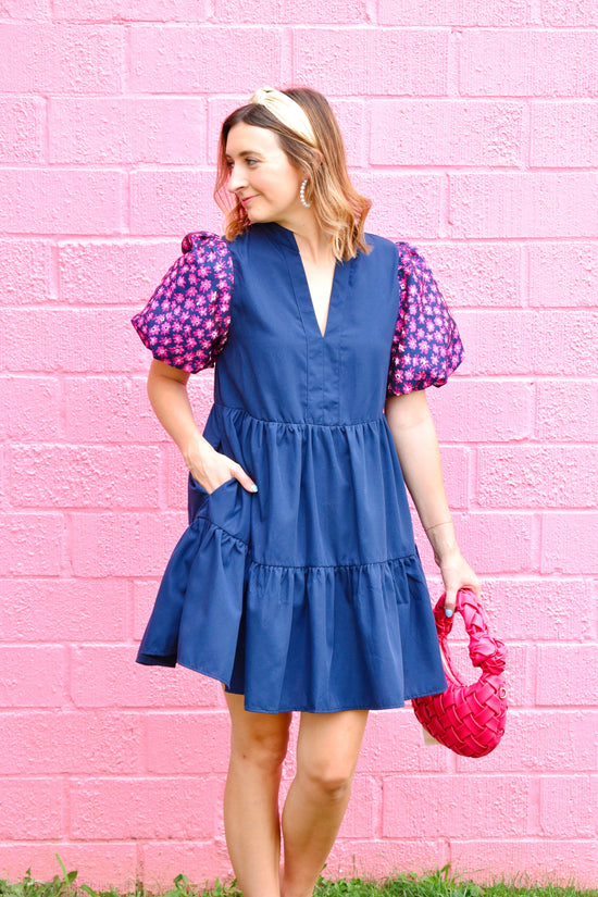 Navy Fuchsia Jacquard Sleeve Dress