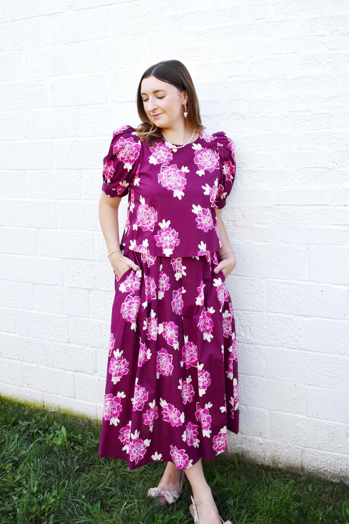 Wine Floral Top & Midi Skirt Set