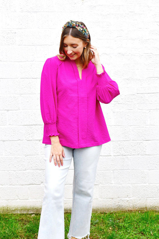 Magenta Smocked Cuff Blouse