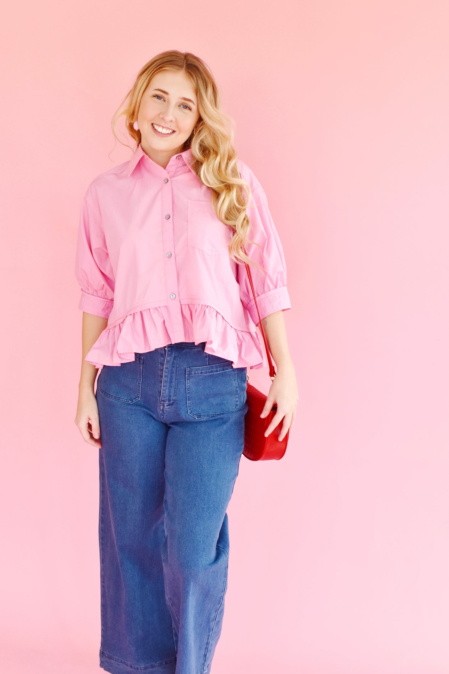 Pink Button Down Ruffle Hem Top