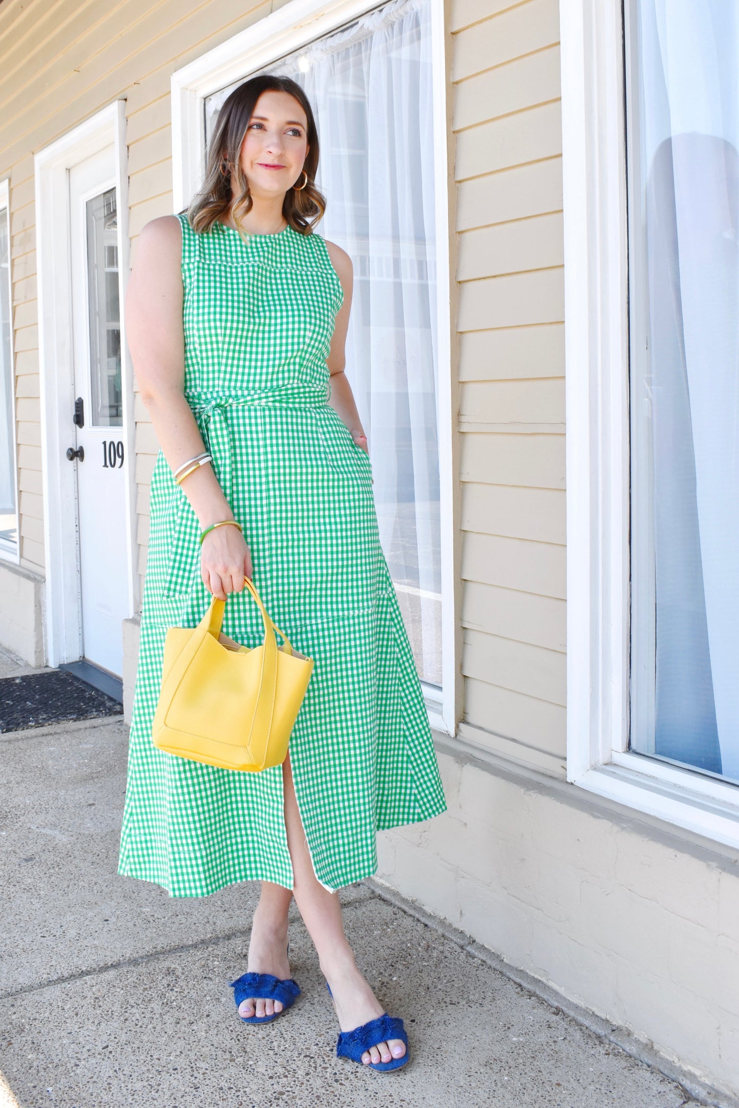 Green Gingham Tie Belt Midi Dress