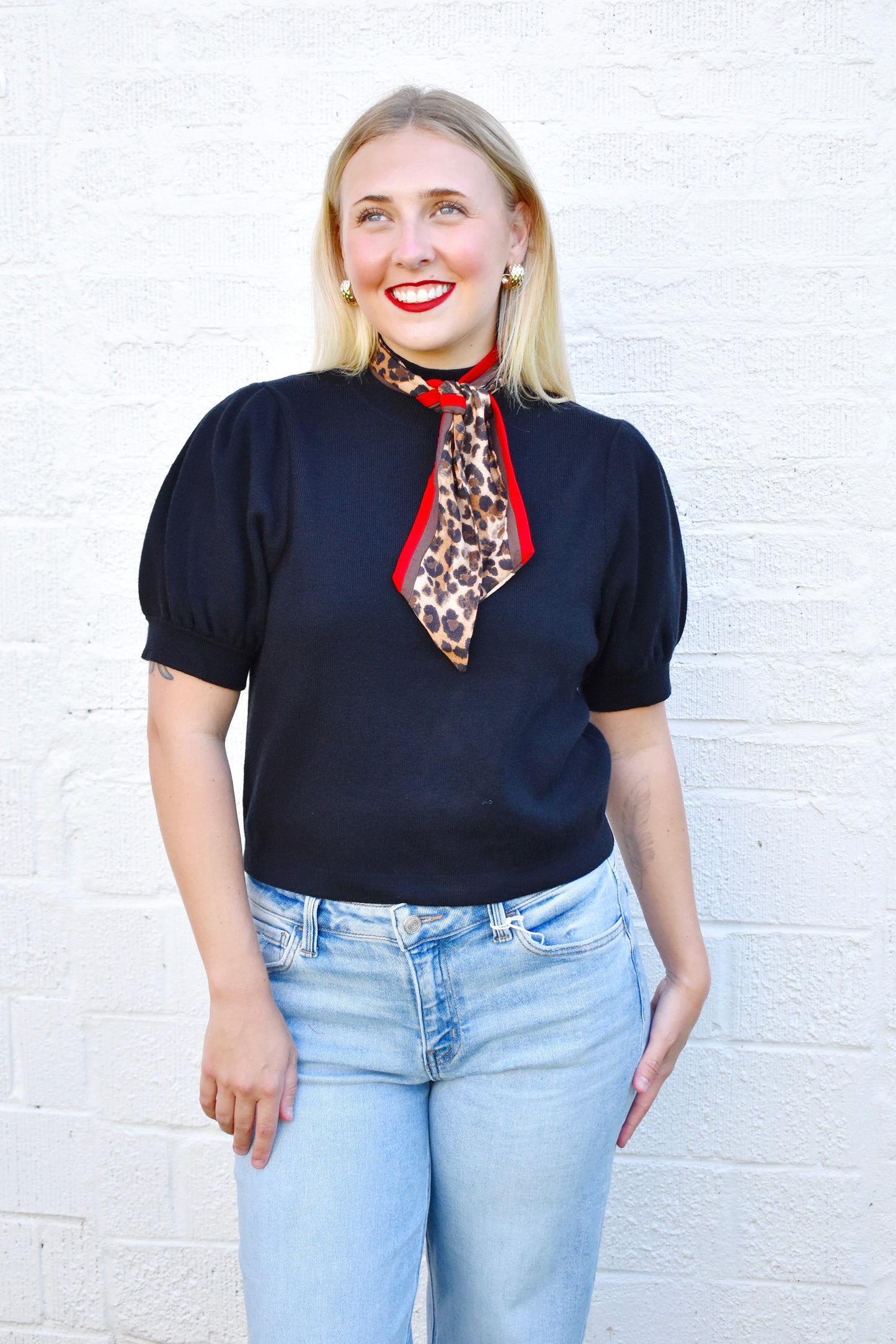 Black Leopard Neck Scarf Short Sleeve Sweater