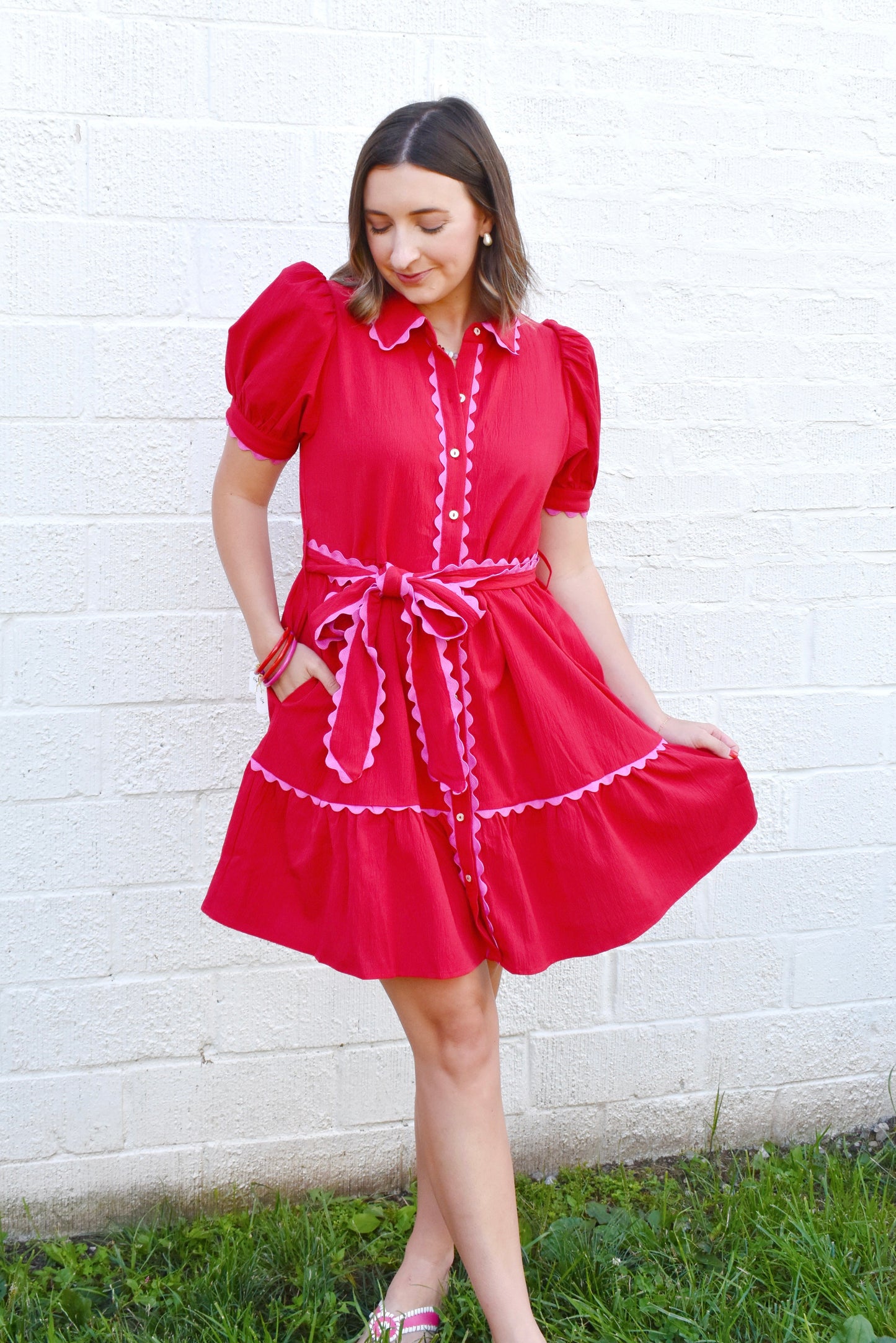 Red Pink Ric Rac Tie Waist Dress