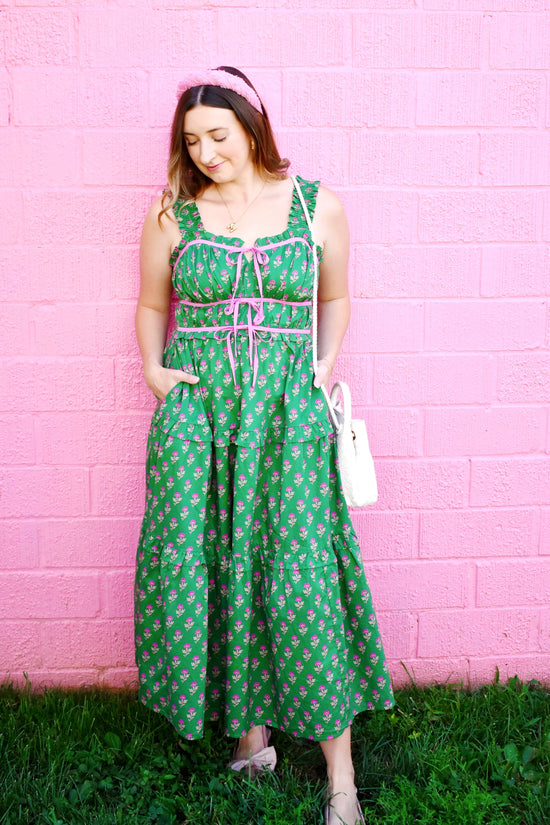 Forest Green & Pink Floral Printed Bow Detail Midi Dress Confetti Boutique Forest Green & Pink Floral Printed Bow Detail Midi Dress Confetti Boutique