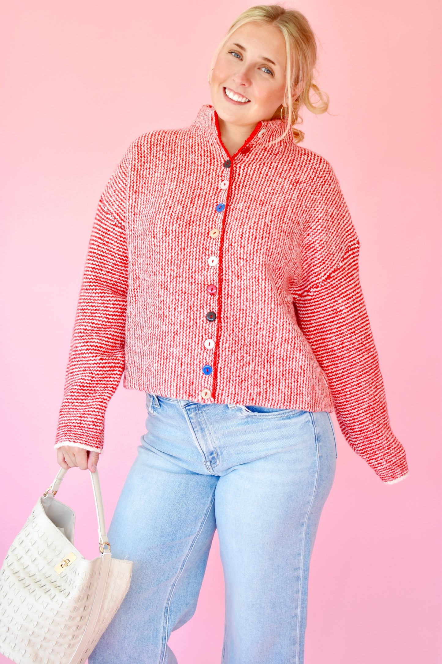 Red Colorful Button Cardigan Sweater