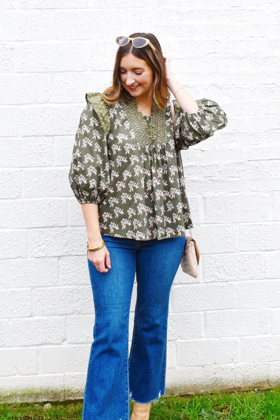 Olive Floral Contrast Printed Ruffle Blouse