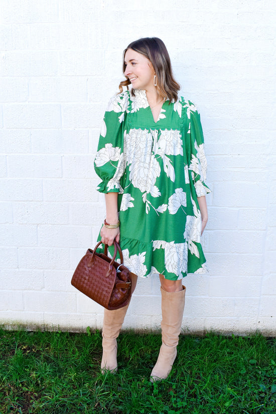 Green Floral Babydoll Mini Dress