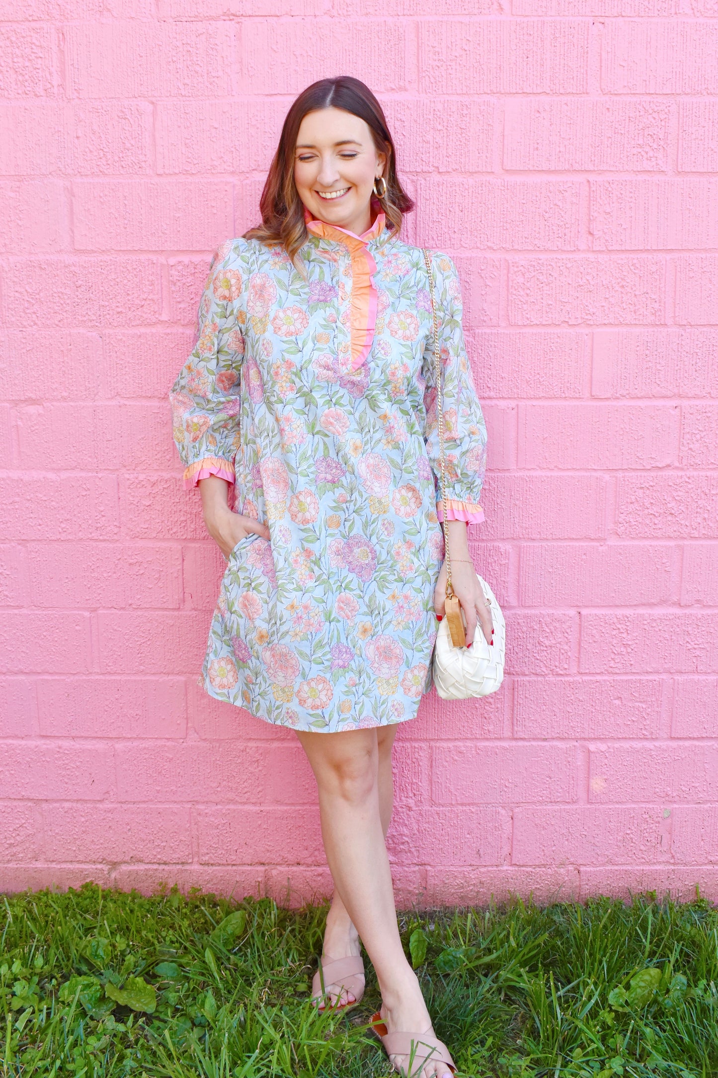 Sky Blue Lovely Floral Ruffles Accents Dress